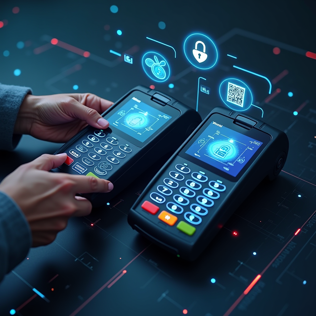 Modern dijital ödeme terminali ve mobil cihazlar üzerinde gerçekleştirilen temassız ödeme işlemleri, QR kod tarama ekranları ve güvenli şifreleme simgeleri ile Türkiye'deki fintech ekosistemini temsil eden profesyonel görsel