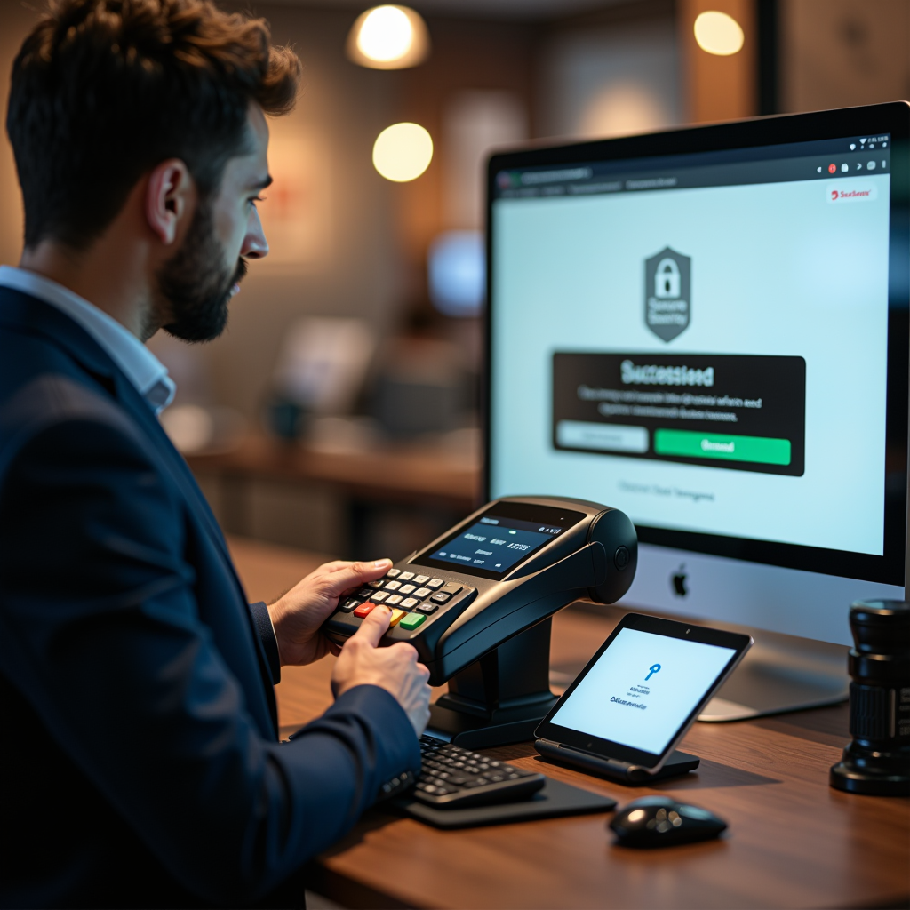 Modern sanal POS terminali ve ödeme kartları ile güvenli online ödeme işlemi yapan işletme sahibi, 3D Secure güvenlik ekranı ve başarılı işlem bildirimi gösteren ekran