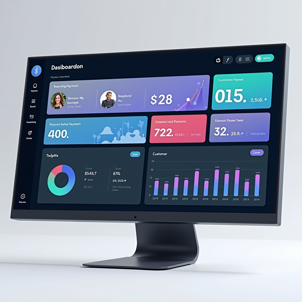 Modern abonelik ödeme sistemi dashboard ekranı, tekrarlayan ödeme takibi, müşteri yönetimi ve gelir analitiği grafikleri gösteren profesyonel arayüz