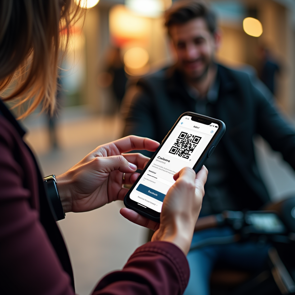 Akıllı telefonda mobil ödeme uygulaması kullanan müşteri, QR kod okutma ve tek tıkla ödeme yapma ekranı, iOS ve Android cihazlarda çalışan güvenli mobil cüzdan arayüzü