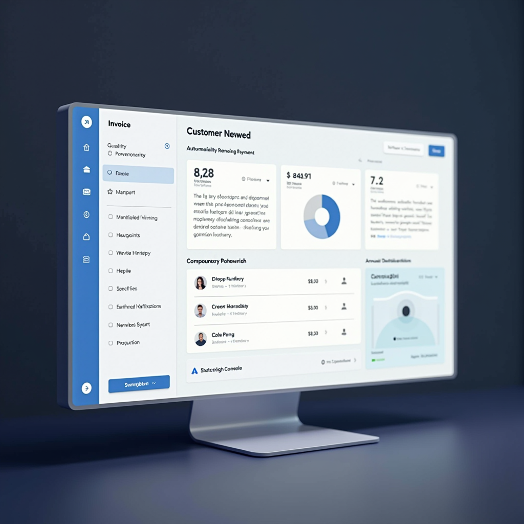 Abonelik yönetim paneli ekranı, otomatik yenilenen ödemeler, aylık ve yıllık plan seçenekleri, müşteri bildirim sistemi ve fatura oluşturma arayüzü gösteren modern dashboard